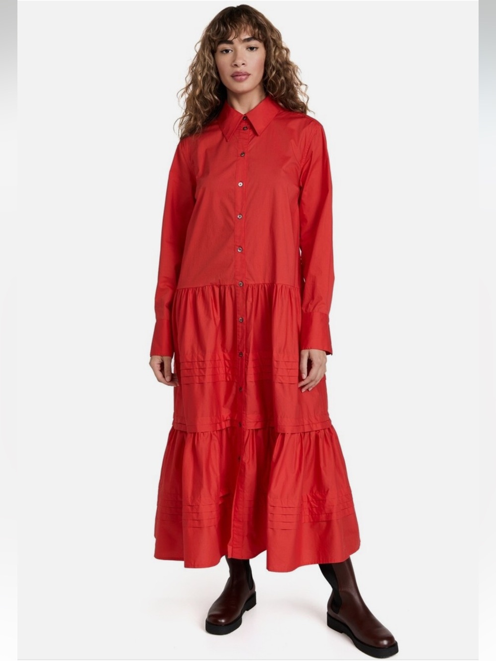 Sea New York Gaia Solid Cotton Midi Shirt Dress in Red Size S